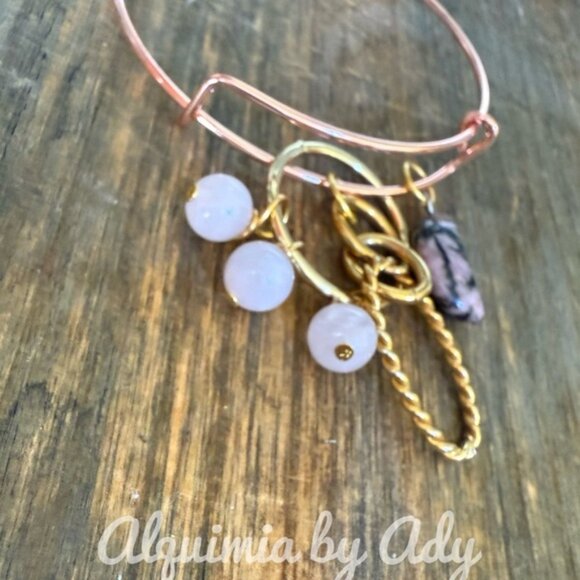 Rhodonite moon  pink quartz  pave heart charms bracelet  gold - Picture 4 of 5
